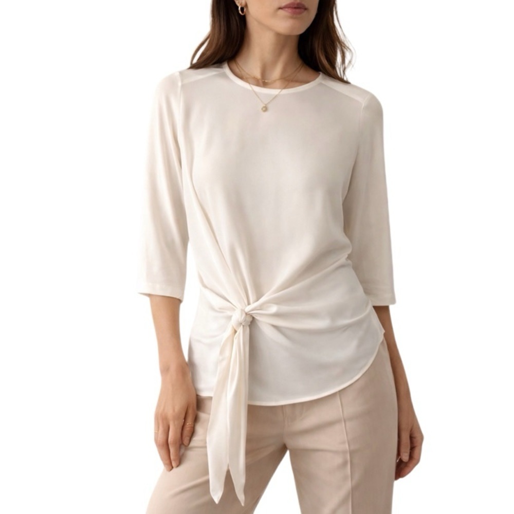 Women's Cream Tie-Front Blouse - Elegant 3/4 Sleeve Top